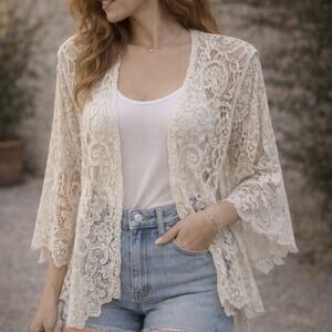 Mirror Image Lace Kimono Cardigan Ivory Boho Floral Open Front Topper SZL